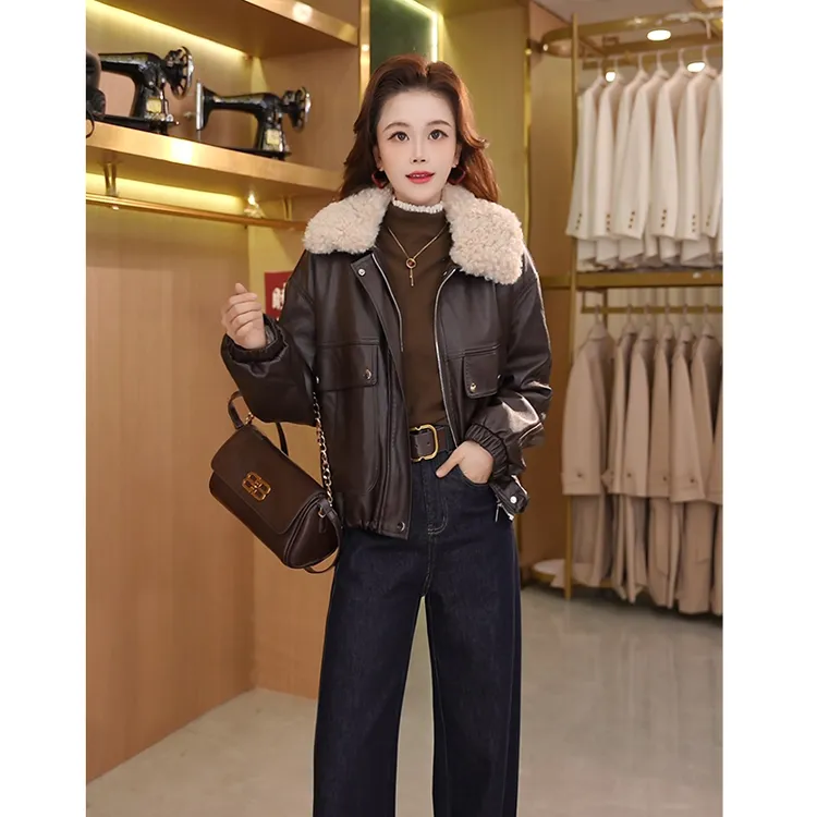 睦火火加绒加厚皮衣外套女短款2025冬新款大翻领拼接复古上衣8912