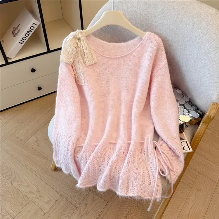 慵懒镂空长袖针织衫女2025秋季宽松显瘦百搭设计感上衣