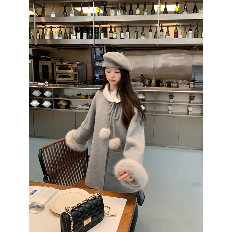 切糕自制【富家韩女】小个子女冬气质洋气双面呢绵羊毛大衣袖口可拆