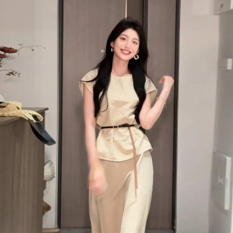 2841法式轻熟风穿搭一整套女夏季新款绝美无袖上衣搭半身裙两件套