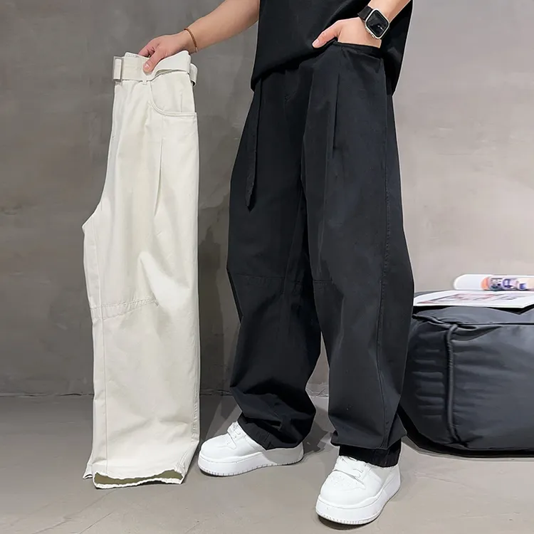 秋季男士100纯棉休闲裤时尚腰带设计长裤子宽松舒适阔腿裤25195