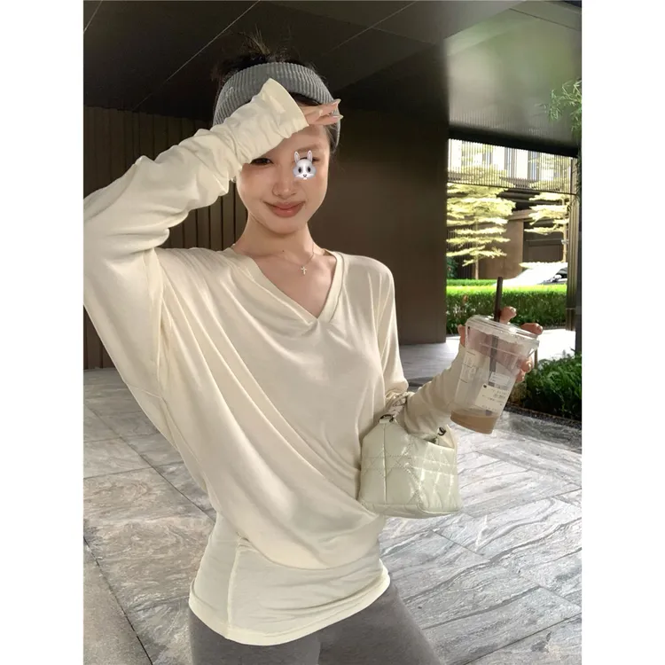 v领蝙蝠袖百搭扭扭堆叠薄款长袖T恤秋季休闲显瘦低领上衣打底衫女