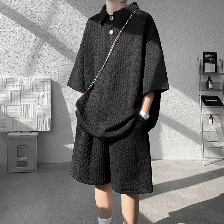 麻花纹polo衫套装男款夏季宽松短袖短裤两件套青少年设计感一整套