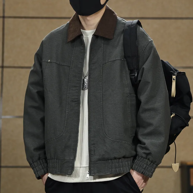 巴恩风美式复古潮牌夹克男士春秋新款翻领拼色痞帅宽松工装外套衫