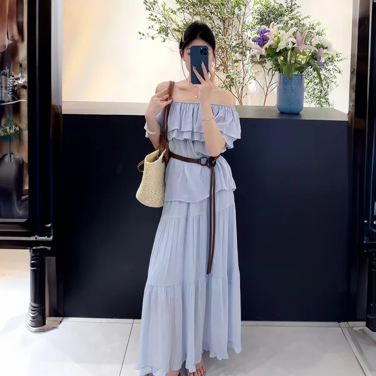 VOCKOO官方夏日绝美穿搭套装女超仙荷叶领一字肩雪纺上衣半身裙高