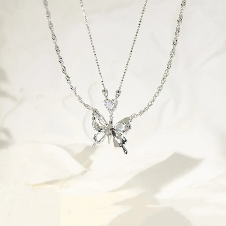 钛钢项链 骨蝶项链原创设计爱心蝴蝶吊坠双层叠戴锁骨链轻奢仙女