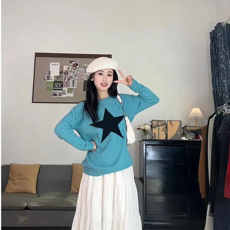 早春网红新款韩系慵懒时尚休闲小众百搭显瘦减龄星星宽松毛衣