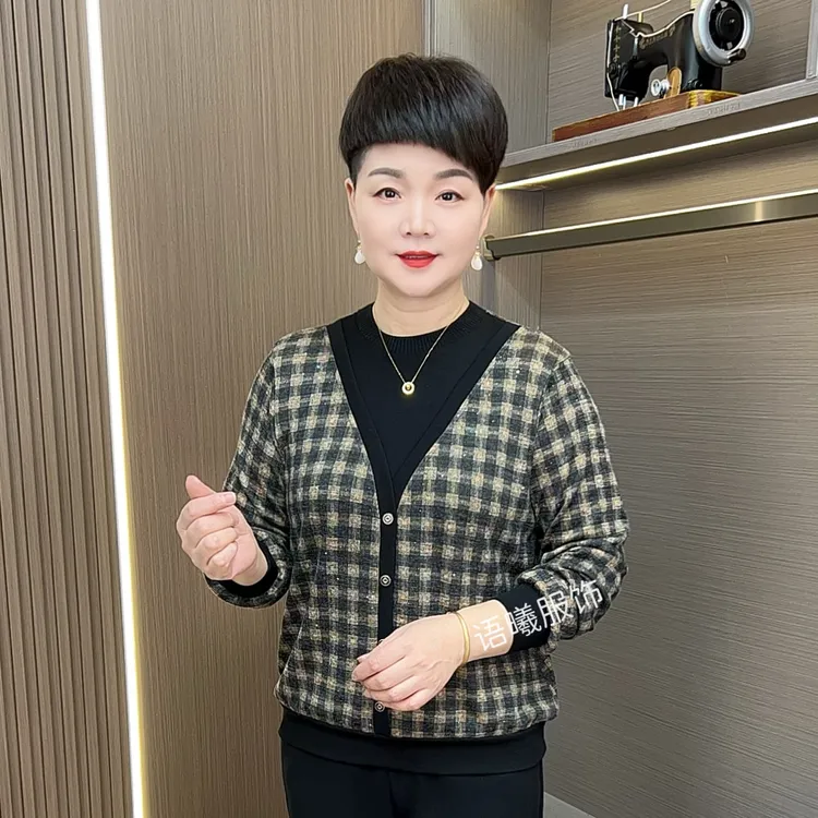 常规款时尚圆领中老年女装复古格子小香风女装百搭上衣F6610