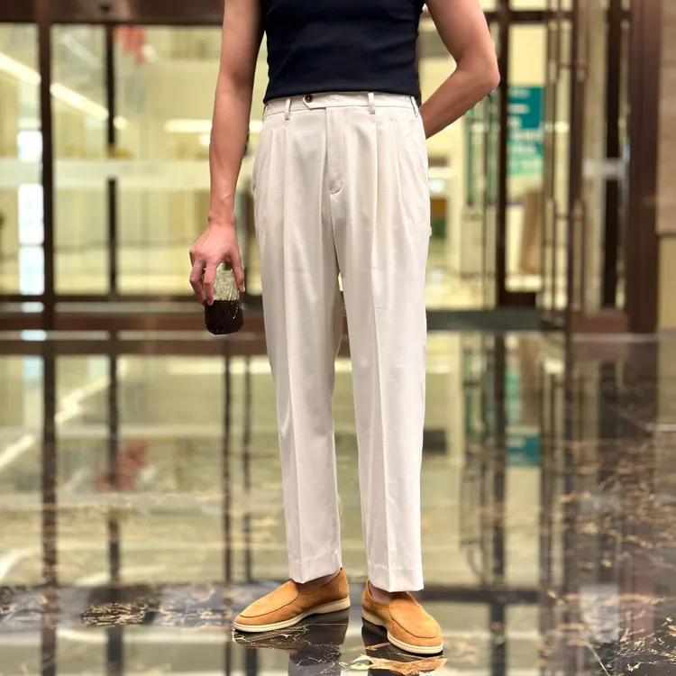 英伦极简杏色松紧腰双褶西裤商务休闲男士小直筒长裤