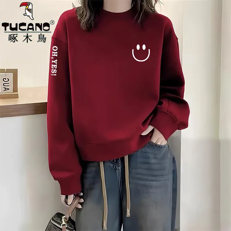 啄木鸟纯棉圆领卫衣女春秋季外穿百搭宽松显瘦遮肉小众印花无帽衫