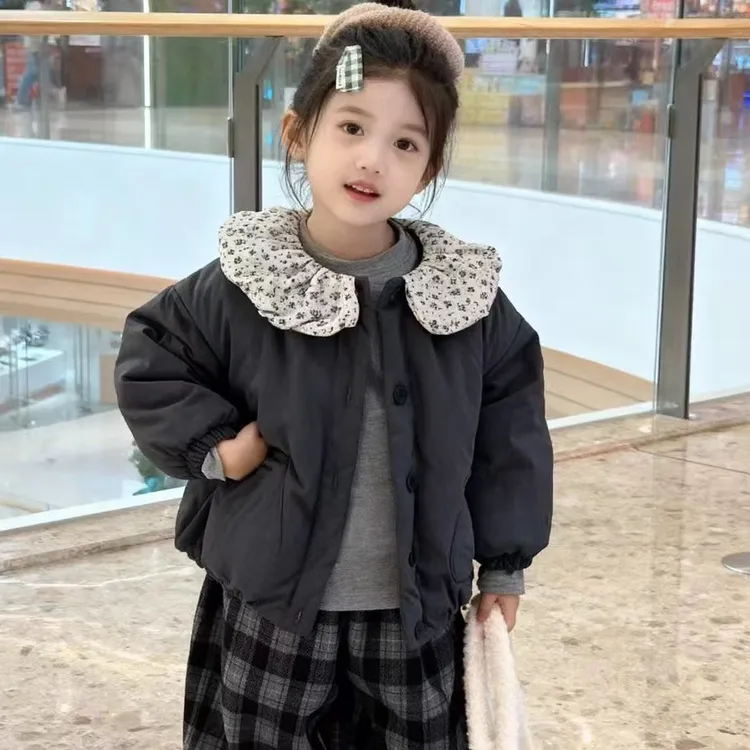 女童棉服冬季新款儿童韩版娃娃领加绒棉衣外套女宝宝洋气棉袄上衣