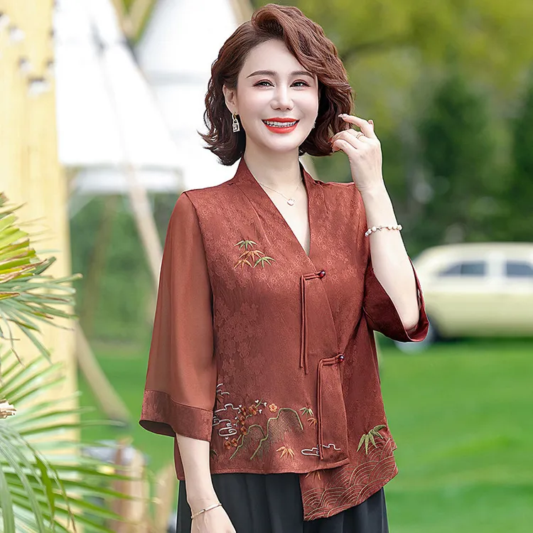 皮尔卡丹母亲节2025妈妈夏装洋气高贵小衫女装新中式国风领五分袖