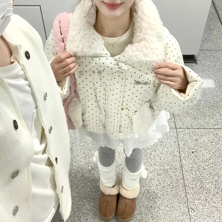 美温柔波点毛领棉服短外套女冬季新款韩系奶呼呼加厚棉衣短款