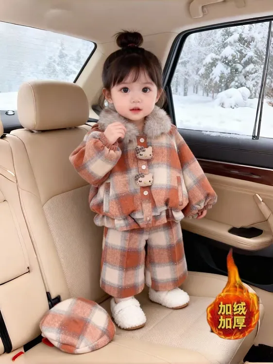 女童套装秋冬新款2025法式洋气时尚休闲风格子加厚保暖休闲两件套