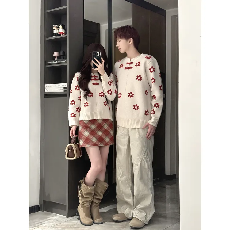 新中式国风红色花朵毛衣女秋冬季重工小衫内搭独特漂亮针织上衣