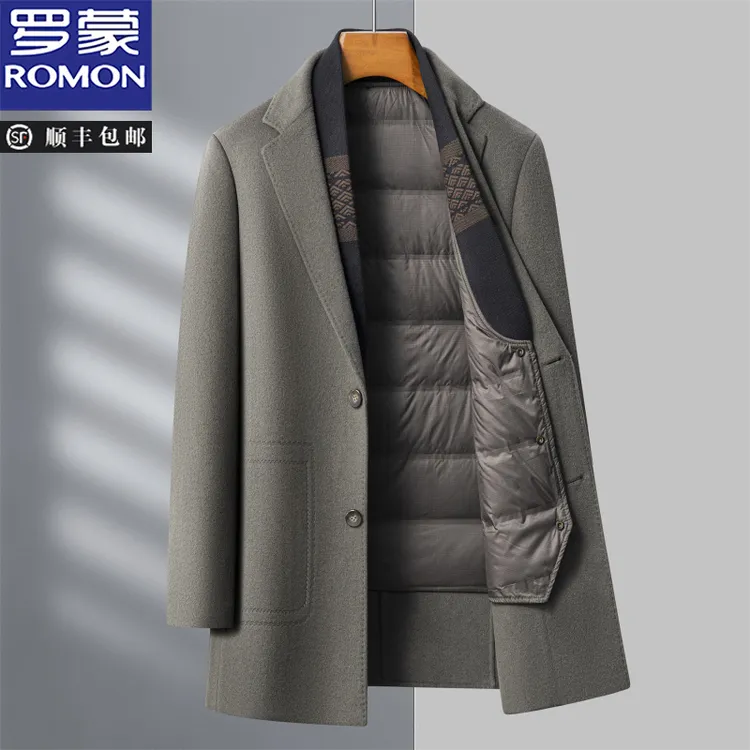 罗蒙冬季保暖羊毛呢子大衣商务中长款可拆卸羽绒保暖男士毛呢外套