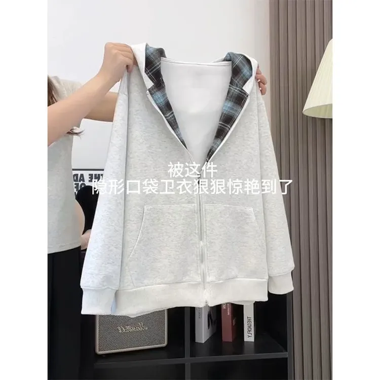 美式高街灰色拼接格子卫衣女秋季宽松慵懒学院风chic开衫外套上衣