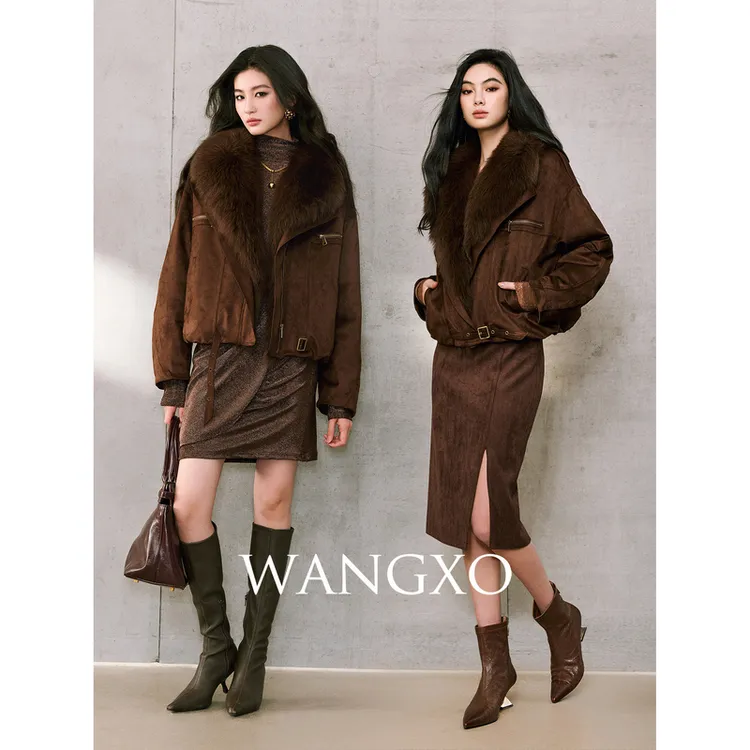 WANGXO 真狐狸毛翻领麂皮绒派克服2561708W