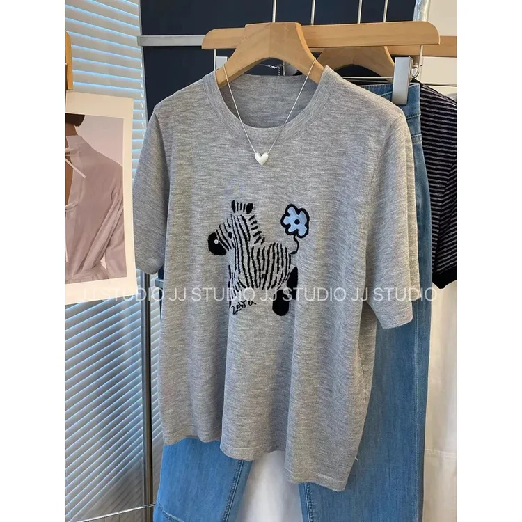 173【竹节麻】夏季新款韩版宽松休闲时尚斑马印花短袖女装时尚上衣