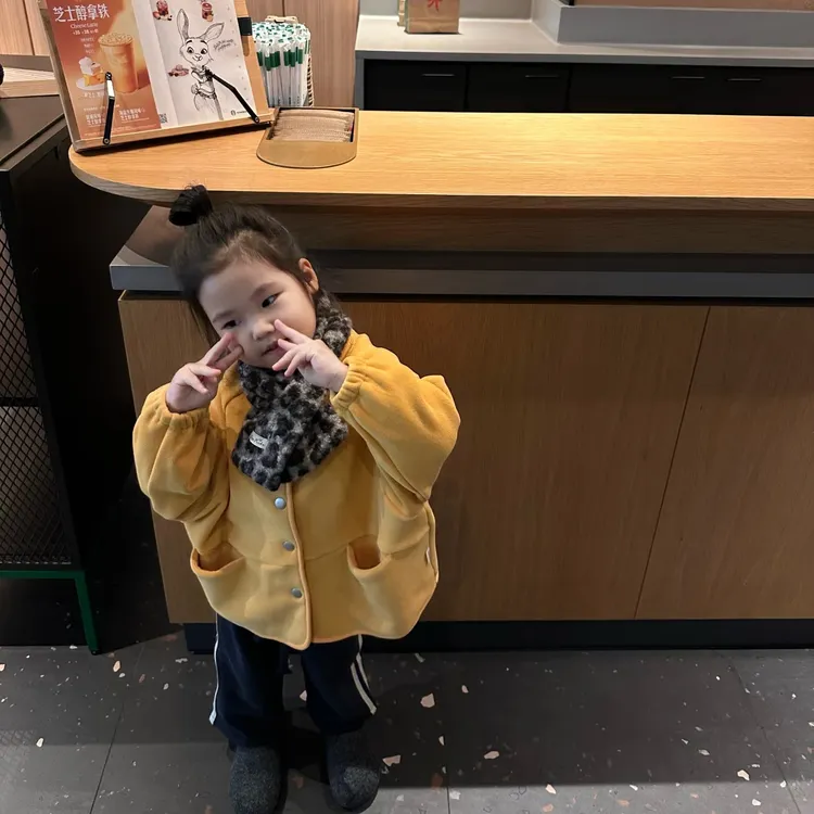 壹妈童装女童韩版秋冬季黄色时髦单排扣外套深蓝色休闲百搭裤子