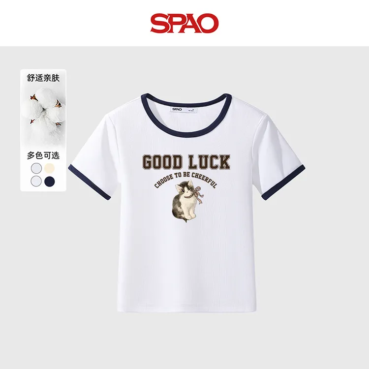 SPAO韩国同款老钱风女式衣服2025夏季新品撞色印花圆领修身T恤YC
