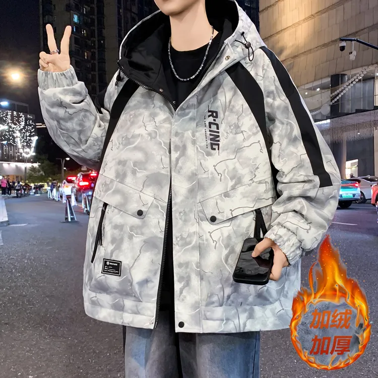 秋冬重磅新款青少年时尚印花韩版加绒加厚夹克防风保暖潮牌外套