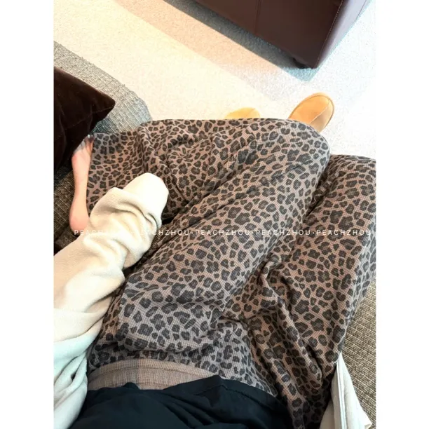 『PEACHZHOU』豹纹针织华夫格宽松直筒休闲裤松紧腰复古洋气阔腿裤