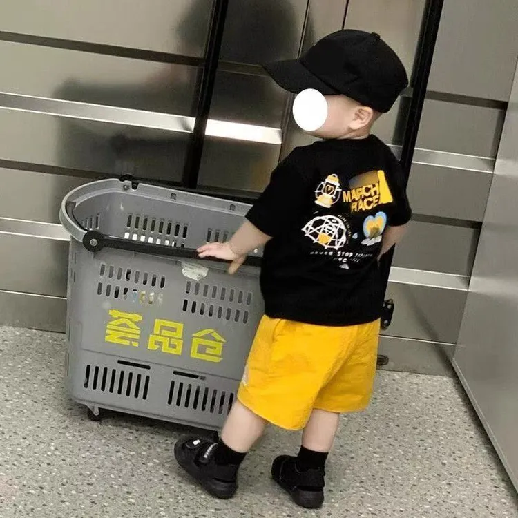 韩版童装男童夏装套装宝宝2025新款酷帅印花黑色短袖t恤休闲短裤