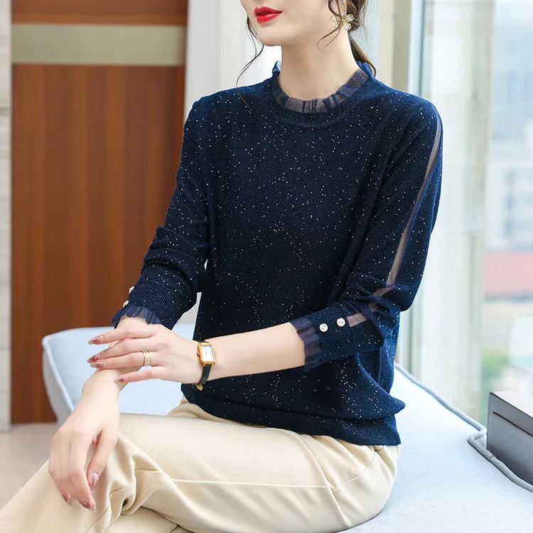 品牌高级感大码上衣女秋季长袖针织衫女欧根纱薄款高档气质打底衫
