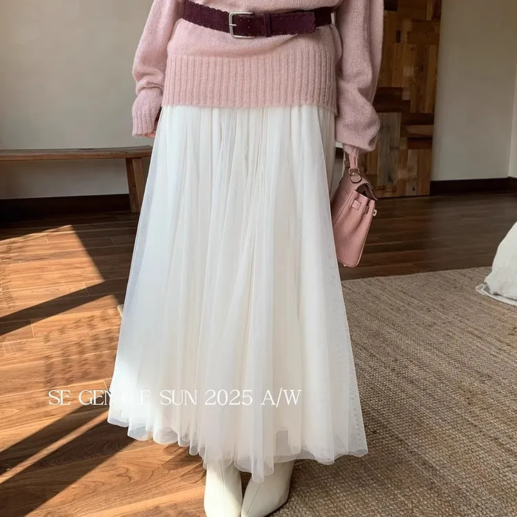 SE GENTLE SUN秀熙熙2025秋款法式仙女半身裙网纱大摆蓬蓬裙85251