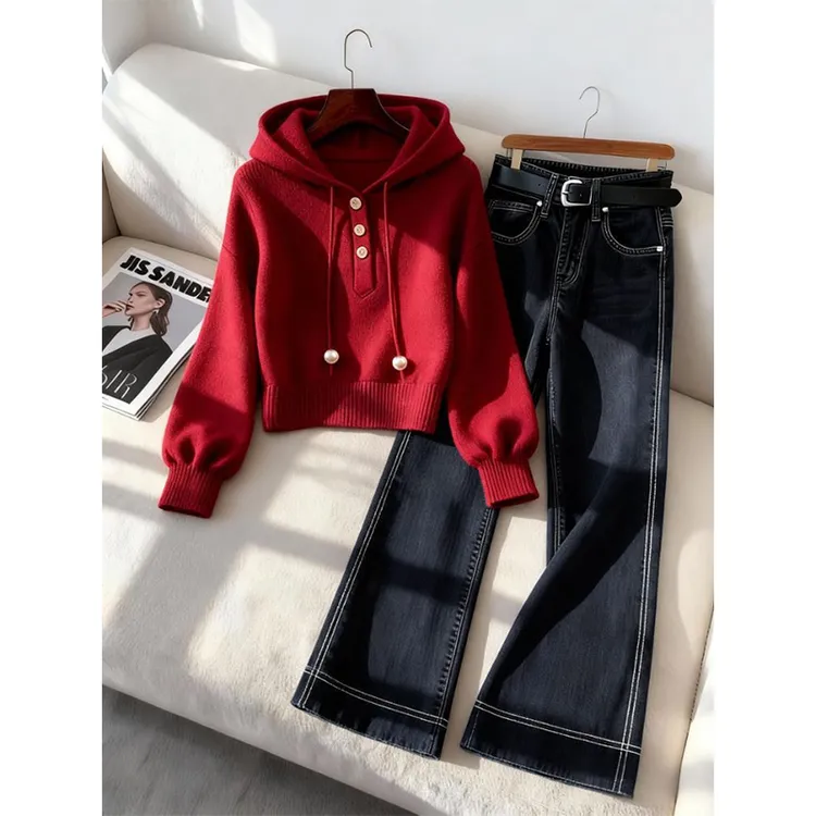 小众别致红色连帽抽绳针织卫衣秋季韩系慵懒风深色休闲裤两件套女