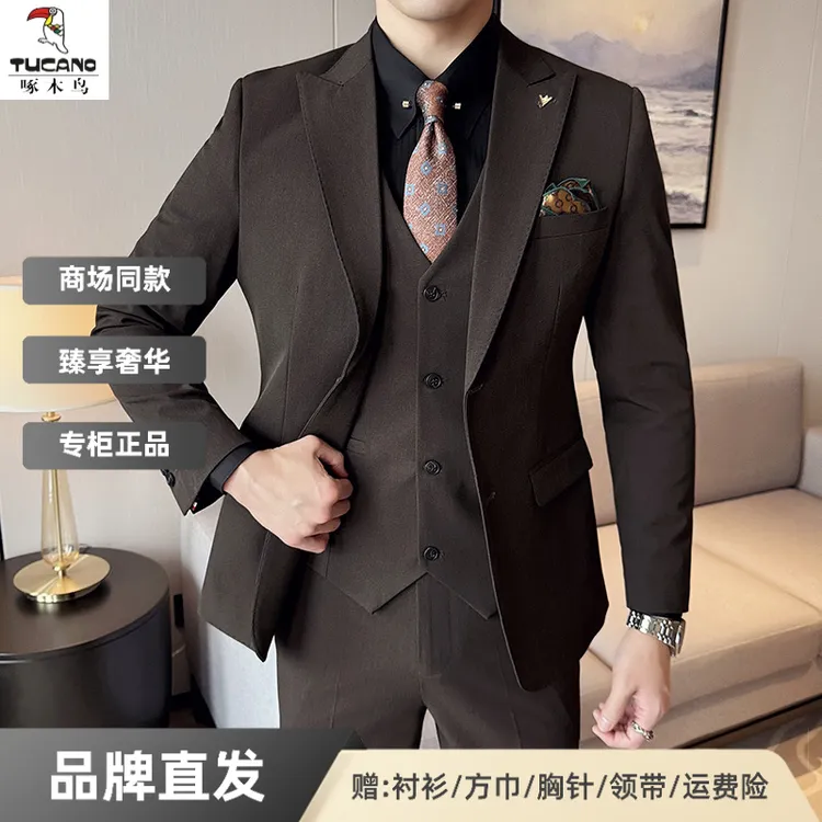 啄木鸟高档结婚戗驳领西服套装男士商务休闲西装新郎结婚礼服时尚