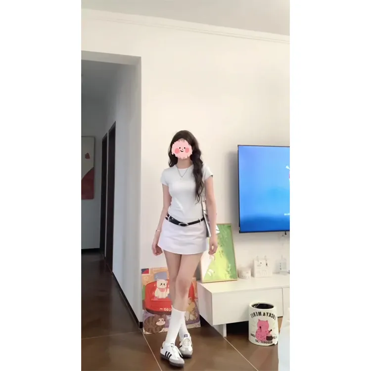 2025新款女士夏季纯色圆领洋气百搭短袖简约t恤上衣高腰半身裙