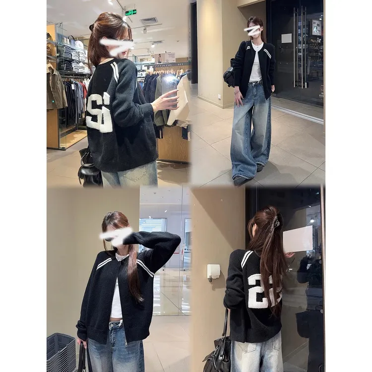 Jennie同款出街 背后数字拉链宽松韩系美式街头风针织毛衣外套