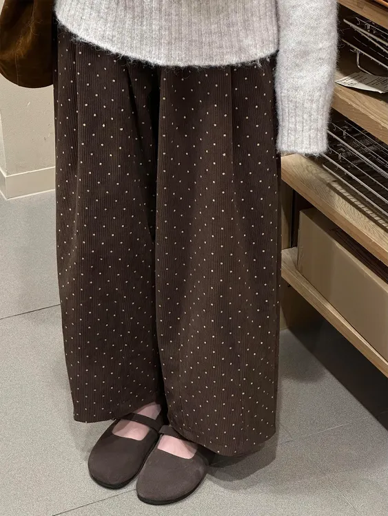 棕咖色大码波点休闲裤女秋冬新款胖mm显瘦灯芯绒阔腿裤小个子裤子