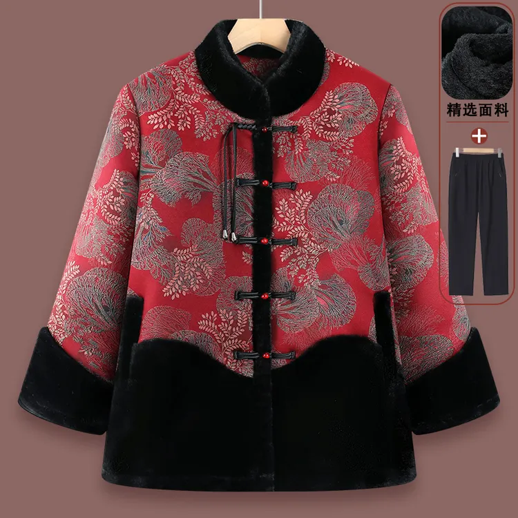 新中式冬季唐装棉袄妈妈装加绒加厚外套中老年人女老太太立领大衣