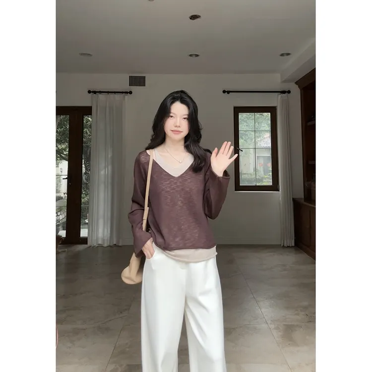 郭九九呢 气质假两件拼色宽松显瘦针织衫休闲弯刀卫裤 G925Z15878