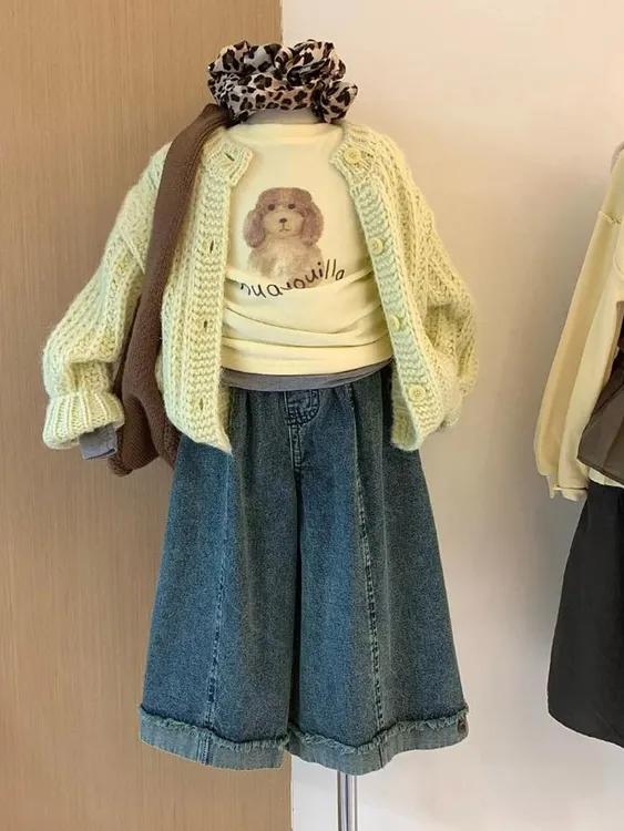 女童套装春秋新款儿童T恤洋气开衫毛衣长袖上衣女孩牛仔裤两件套