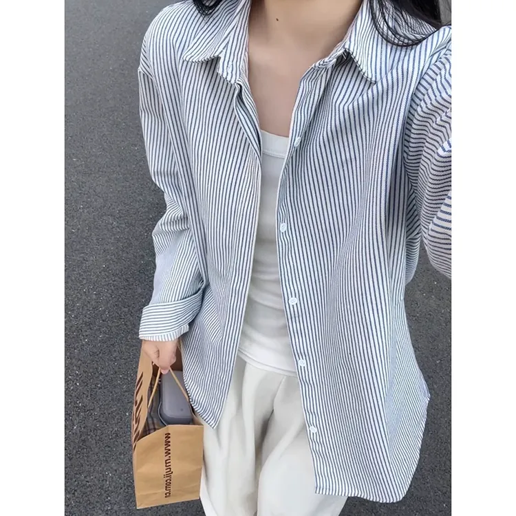 蓝色条纹长袖衬衫男款夏季翻领宽松衬衣高级感薄款百搭情侣装外套