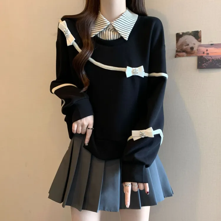 大码假两件POLO领条纹拼接卫衣女春秋胖MM宽松显瘦洋气设计感上衣