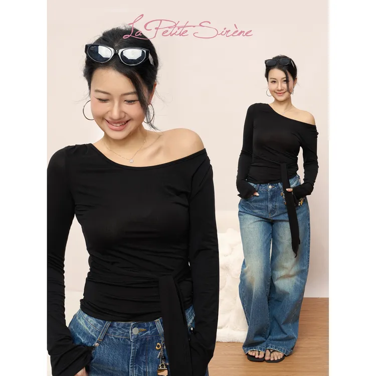LPS | 郭卷毛同款黑色圆领T绑带设计修身显瘦长袖上衣T36348JM53