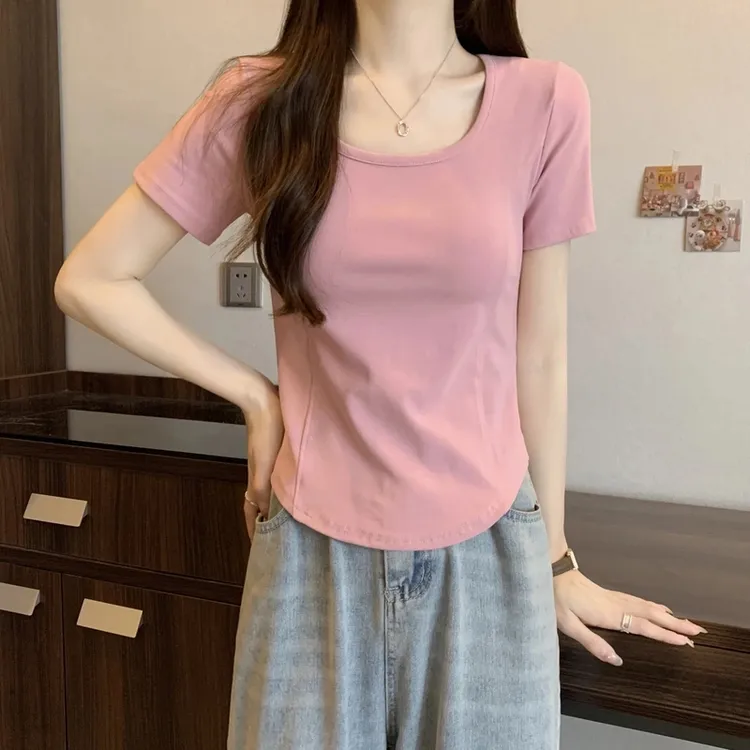 2025新款正肩短袖t恤夏季大码女装遮肚显瘦不规则内搭上衣百搭