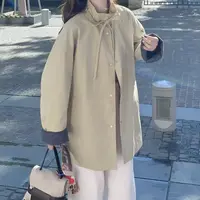 伟丽6店4271款【韩系立领格子拼接中长风衣外套】港风宽松百搭休闲