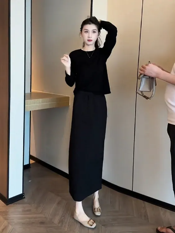 早秋气质穿搭套装女超好看韩风chic简约气质休闲上衣半身裙两件套