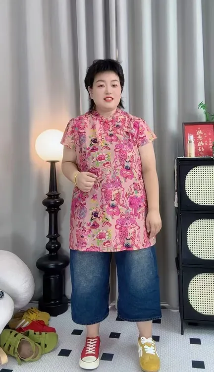 大码新中式国风印花时尚衬衫女2025夏季新款宽松气质旗袍上衣