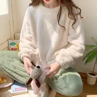 秋冬珊瑚家居服简约休闲圆领睡衣加绒加厚可外穿御寒保暖套装批发