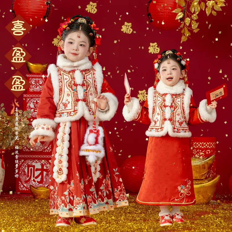 萌乎【喜盈盈】冬款女童国风拜年服童装姐妹装新年汉服套装-255947