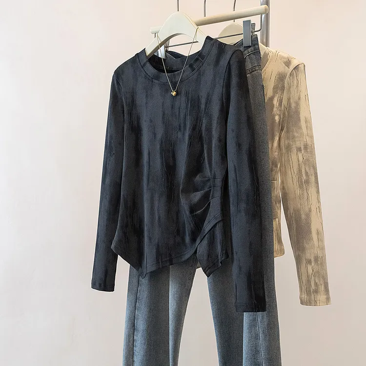 yoewshean/羽媗秋冬季扎染长袖t恤大码女装微胖mm内搭打底衫上衣