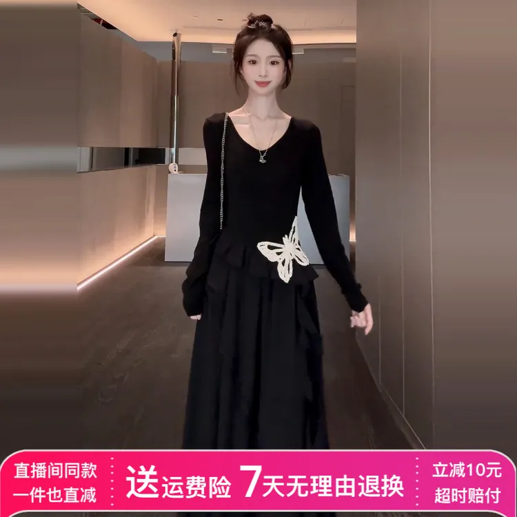 赫本风黑色长袖连衣裙子女装2025早秋款小个子不规则收腰显瘦长裙
