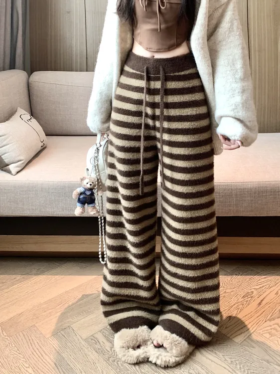 5#【裤长101】软糯毛绒绒懒人松弛感撞色条纹裤水貂绒针织阔腿裤